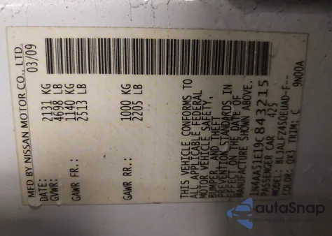 2009 Nissan Maxima 3.5 Sv из США, поврежденный, VIN 1N4AA51E19C843215